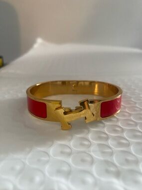 Hermes Gold-Tone Clic H Bracelet with Red Enamel Panels